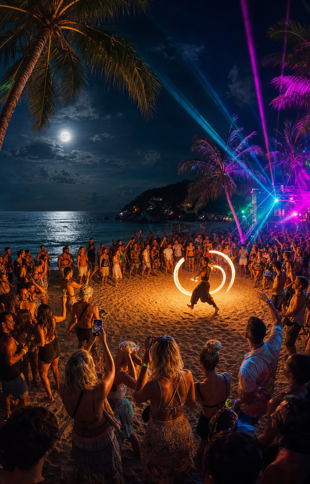 Adult guests enjoying a moonlit Koh Phangan beach party and professional fire show