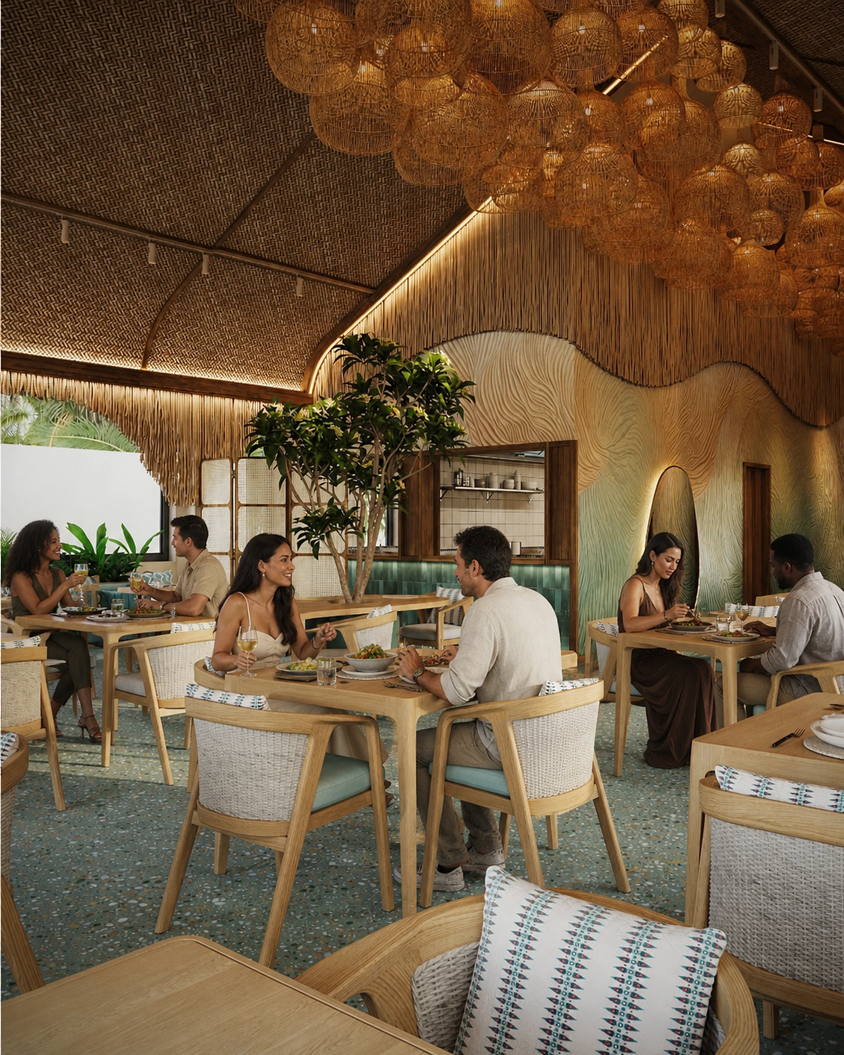 Guests enjoying food and drinks inside the COSY restaurant