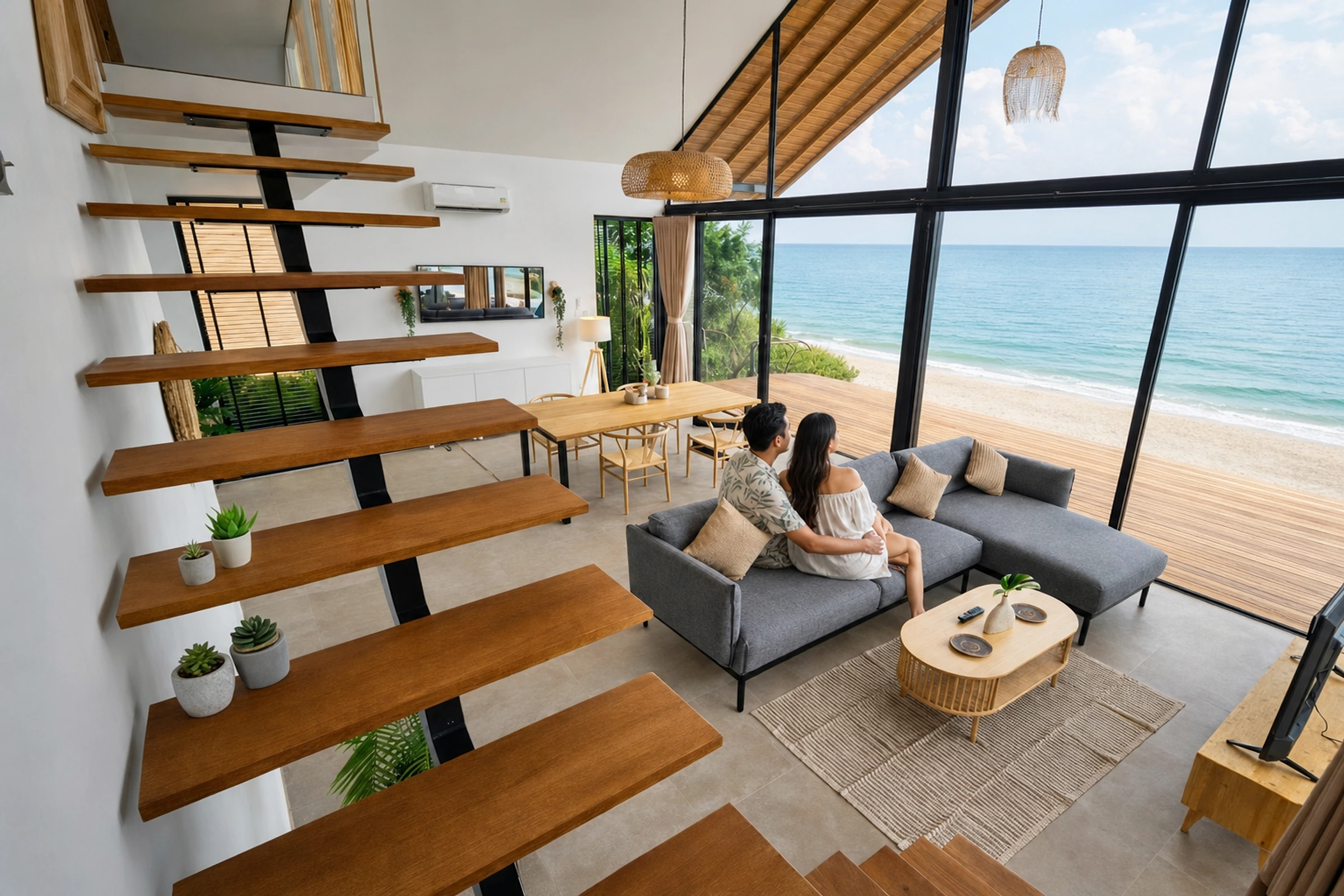 Couple relaxing in a sea-view COSY villa and looking toward the ocean