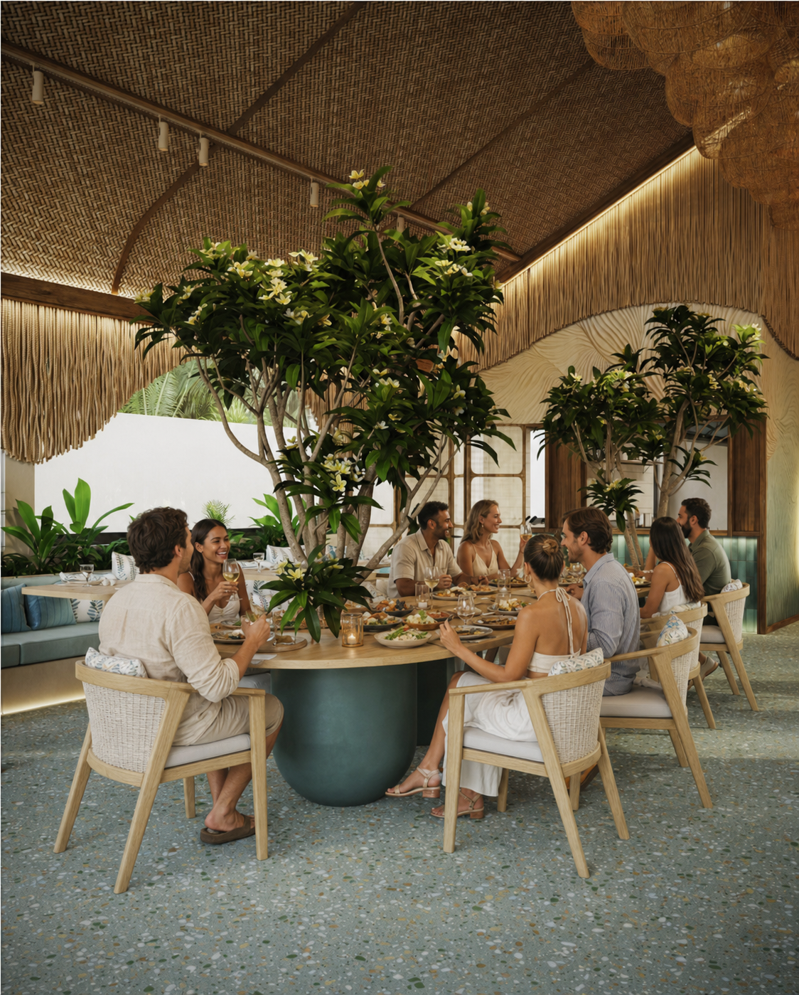 Guests sharing island dishes around the COSY restaurant table